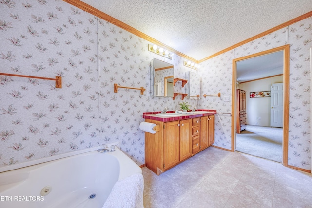 310 Abbott Rd, Lenoir City, TN 37771 - bathroom featuring ornamental molding, double vanity, a whirlpool tub, a textured ceiling, and wallpapered walls