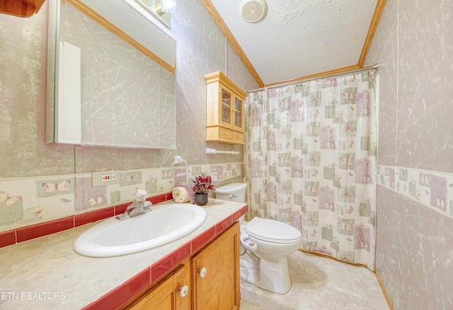 310 Abbott Rd, Lenoir City, TN 37771 - bathroom with a textured ceiling, ornamental molding, toilet, vanity, and wallpapered walls