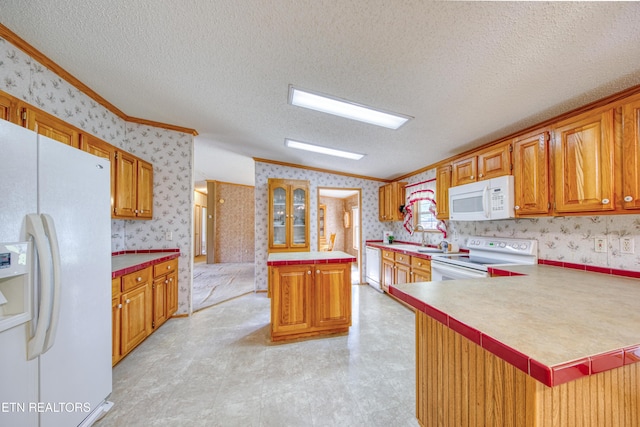310 Abbott Rd, Lenoir City, TN 37771 - kitchen featuring white appliances, wallpapered walls, crown molding, light countertops, and light flooring
