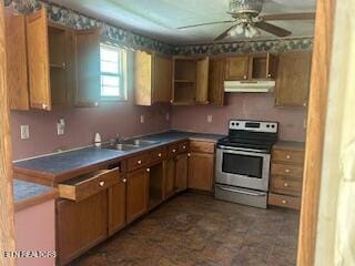 154 Spruce Pine Rd, Mooresburg, TN 37811 - kitchen featuring stainless steel range with electric stovetop, under cabinet range hood, open shelves, a ceiling fan, and dark countertops