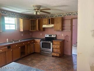154 Spruce Pine Rd, Mooresburg, TN 37811 - kitchen with electric range, under cabinet range hood, open shelves, a sink, and a ceiling fan