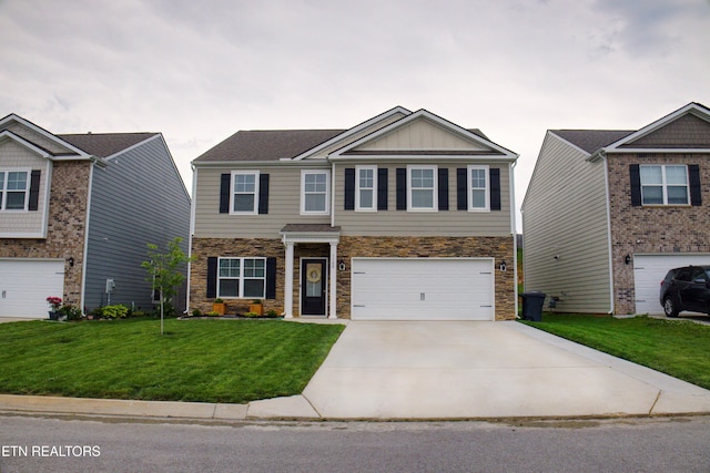 craftsman inspired home with stone siding, concrete driveway, board and batten siding, a front lawn, and a garage