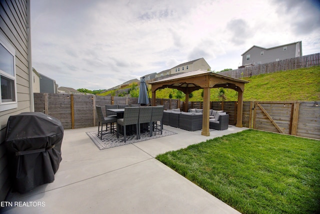 view of patio / terrace with an outdoor living space, grilling area, a gazebo, and outdoor dining area
