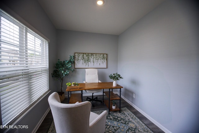 home office featuring wood finished floors, baseboards, and recessed lighting