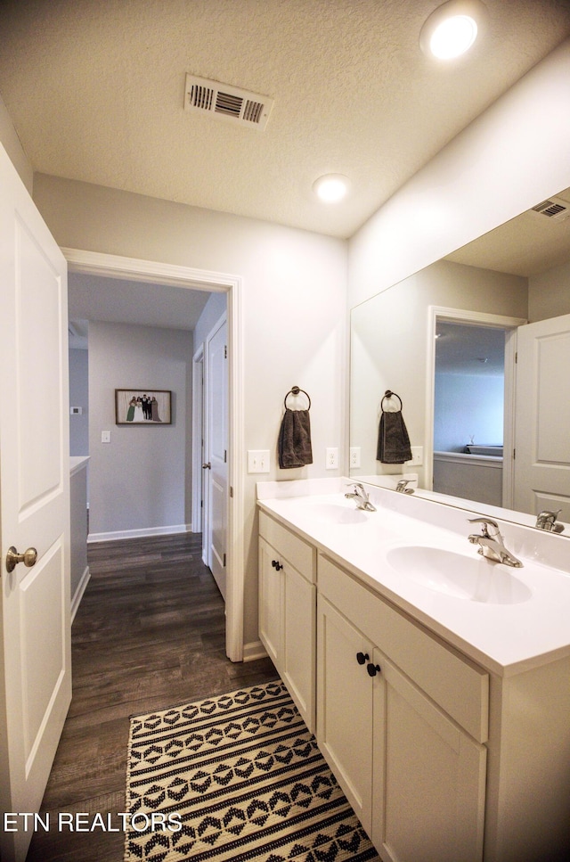 bathroom with double vanity, wood finished floors, baseboards, and a textured ceiling