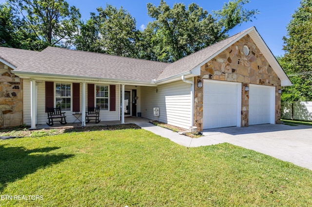 348 Willie D Dr, Jefferson City, TN 37760 - ranch-style home featuring stone siding, a porch, driveway, a shingled roof, and a front yard