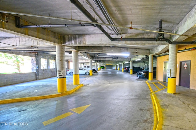 parking garage with concrete block wall