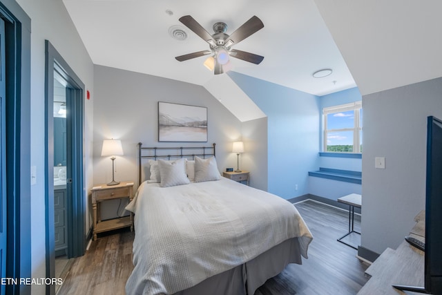bedroom with wood finished floors, baseboards, and a ceiling fan