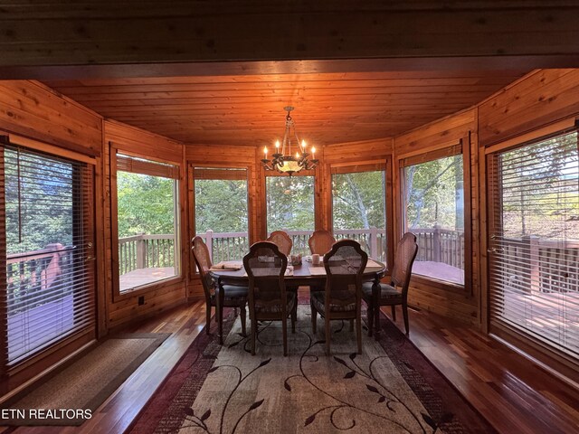 1186 Deerfield Way, Lafollette, TN 37766 - dining area featuring wood-type flooring, a chandelier, healthy amount of natural light, wooden walls, and wood ceiling