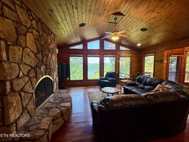 1186 Deerfield Way, Lafollette, TN 37766 - living room with wood-type flooring, ceiling fan, wood ceiling, lofted ceiling, and a fireplace