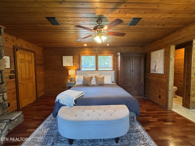 1186 Deerfield Way, Lafollette, TN 37766 - bedroom featuring wooden ceiling, wood finished floors, wood walls, ensuite bath, and ceiling fan