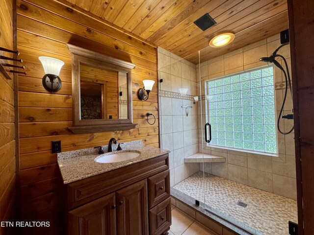 1186 Deerfield Way, Lafollette, TN 37766 - full bathroom featuring a stall shower, vanity, wooden ceiling, wood walls, and tile patterned floors