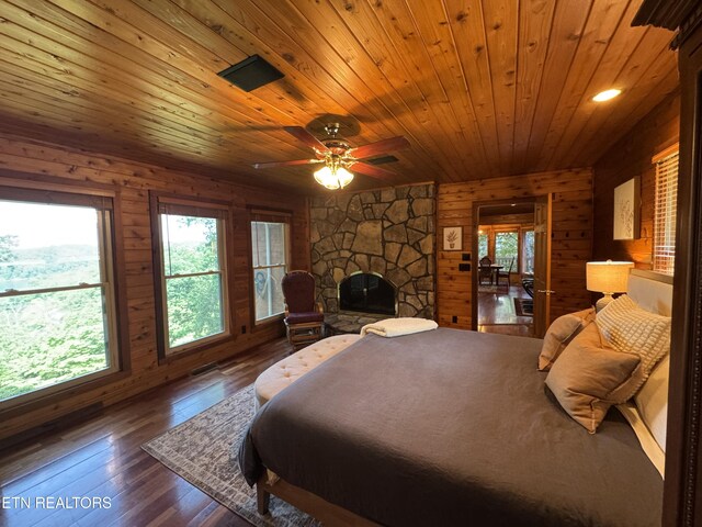 1186 Deerfield Way, Lafollette, TN 37766 - bedroom with wooden walls, multiple windows, a fireplace, dark wood-style floors, and wood ceiling