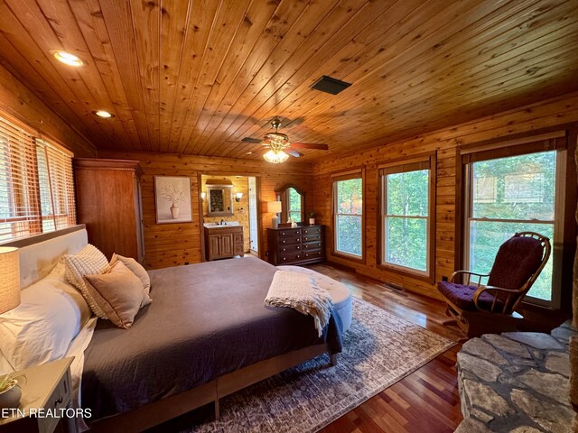 1186 Deerfield Way, Lafollette, TN 37766 - bedroom featuring wood ceiling, wood finished floors, wood walls, and recessed lighting
