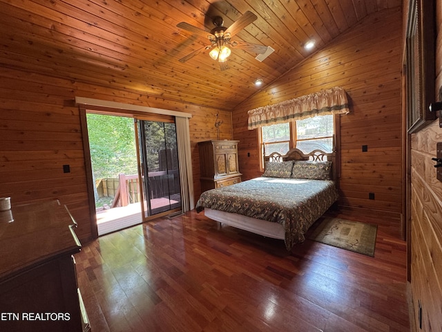 1186 Deerfield Way, Lafollette, TN 37766 - bedroom featuring vaulted ceiling, access to exterior, wooden walls, wood-type flooring, and wooden ceiling