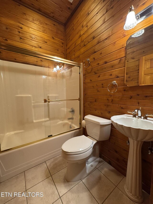 1186 Deerfield Way, Lafollette, TN 37766 - bathroom featuring toilet, enclosed tub / shower combo, tile patterned floors, wood walls, and wooden ceiling