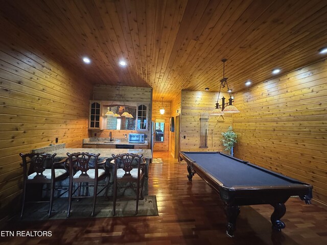 1186 Deerfield Way, Lafollette, TN 37766 - recreation room featuring wooden walls, wood ceiling, billiards table, recessed lighting, and a sink