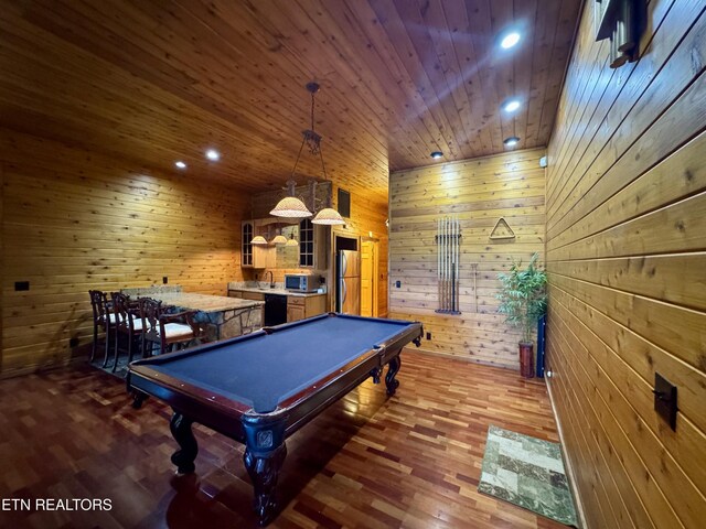 1186 Deerfield Way, Lafollette, TN 37766 - rec room with wooden ceiling, wood walls, pool table, wood finished floors, and recessed lighting