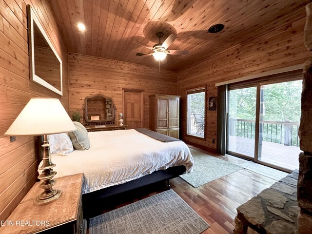 1186 Deerfield Way, Lafollette, TN 37766 - bedroom featuring access to outside, wood walls, wood ceiling, wood finished floors, and a ceiling fan