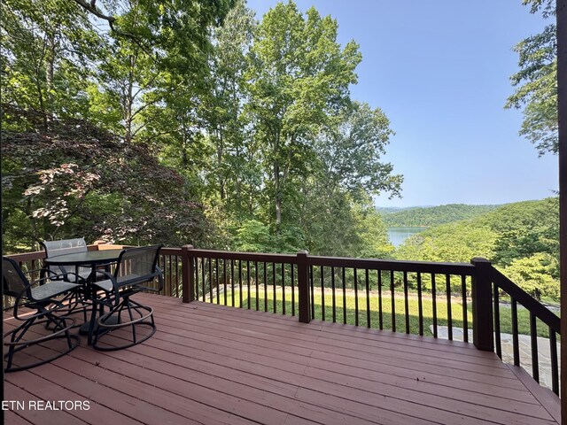 1186 Deerfield Way, Lafollette, TN 37766 - wooden deck with a water view and outdoor dining space