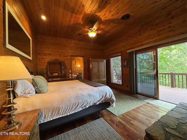 1186 Deerfield Way, Lafollette, TN 37766 - bedroom featuring access to exterior, wooden walls, wood ceiling, wood finished floors, and ceiling fan
