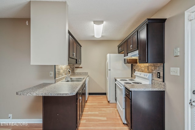 1051 Nod St, Knoxville, TN 37932 - kitchen with white electric range oven, a sink, light wood-style flooring, backsplash, and dark brown cabinetry