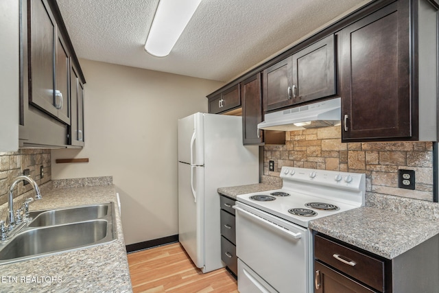 1051 Nod St, Knoxville, TN 37932 - kitchen with white appliances, under cabinet range hood, a sink, dark brown cabinets, and light wood-type flooring