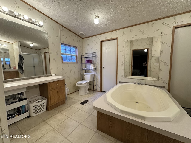 214 Hickory Grove Rd, Madisonville, TN 37354 - bathroom with wallpapered walls, a textured ceiling, ornamental molding, a stall shower, and toilet