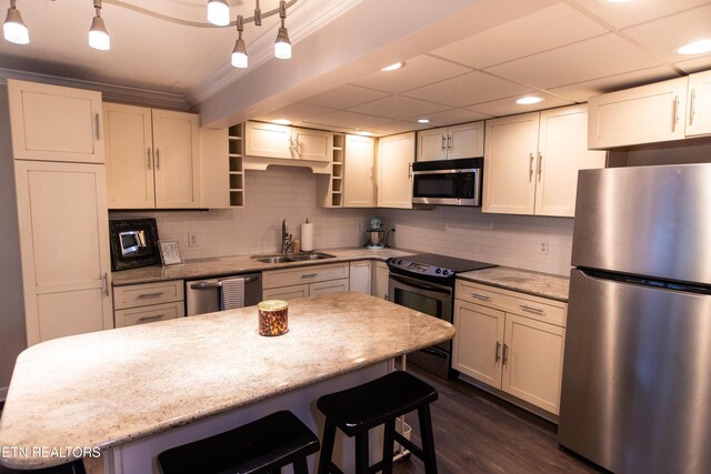 2749 Sullins St Unit B105, Knoxville, TN 37919 - kitchen with appliances with stainless steel finishes, a sink, open shelves, recessed lighting, and a breakfast bar