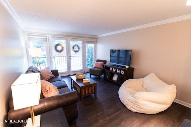 2749 Sullins St Unit B105, Knoxville, TN 37919 - living room featuring ornamental molding, dark wood-style flooring, healthy amount of natural light, and baseboards