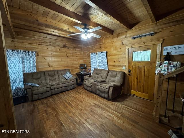 208 Charles Eaves Ln, Benton, TN 37307 - living area featuring wood-type flooring, wood walls, wood ceiling with exposed beams, and a ceiling fan