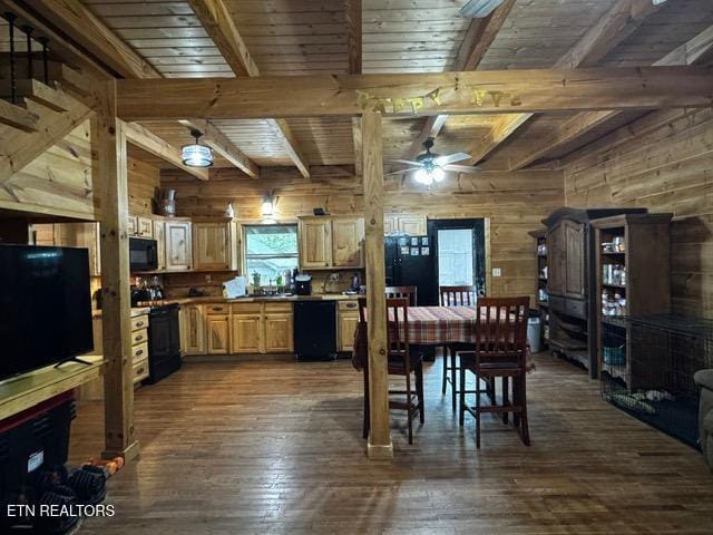 208 Charles Eaves Ln, Benton, TN 37307 - dining area featuring ceiling fan, dark wood finished floors, wood walls, and wood ceiling with exposed beams