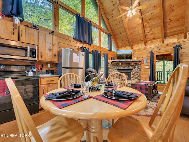 dining area with wooden ceiling with exposed beams, light wood-style floors, high vaulted ceiling, wood walls, and healthy amount of natural light