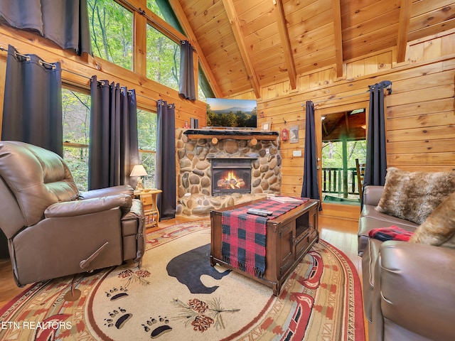 living area featuring wooden ceiling, a fireplace, wood finished floors, and wood walls