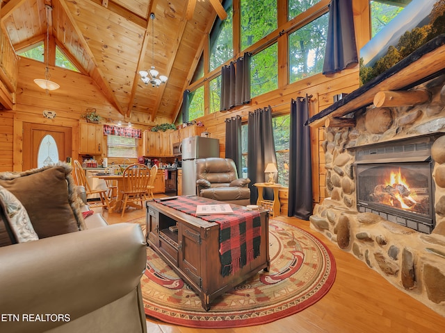 living area featuring high vaulted ceiling, a fireplace, wood walls, light wood-type flooring, and wooden ceiling with exposed beams