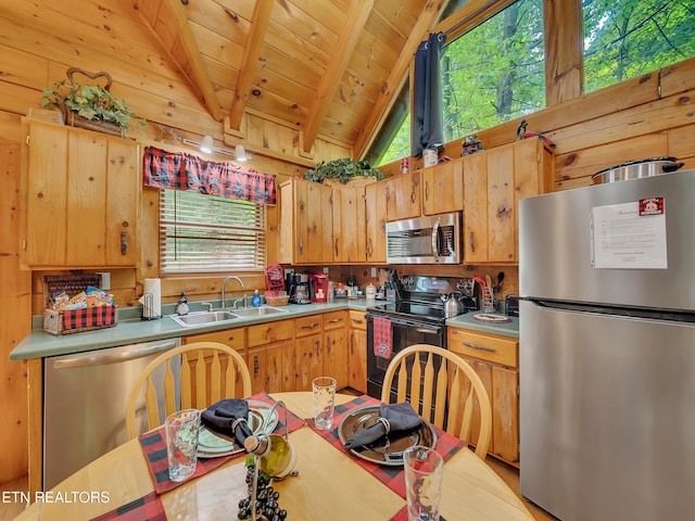 kitchen with appliances with stainless steel finishes, a sink, wooden walls, light countertops, and wood ceiling