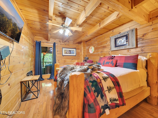bedroom with wood ceiling with exposed beams, wooden walls, and hardwood / wood-style floors