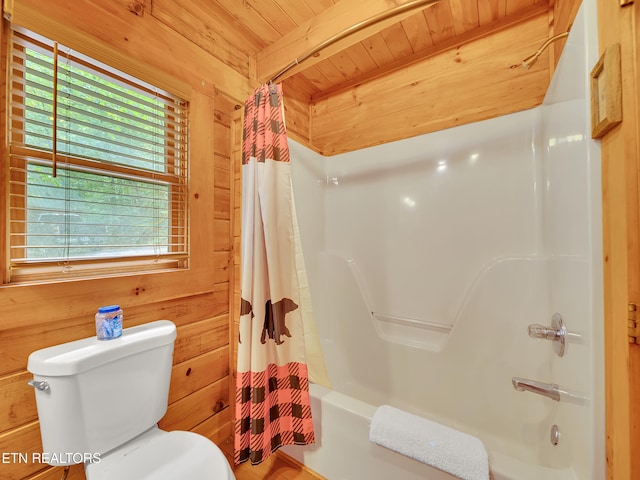 full bathroom with wood ceiling, wood walls, shower / bath combination with curtain, and toilet