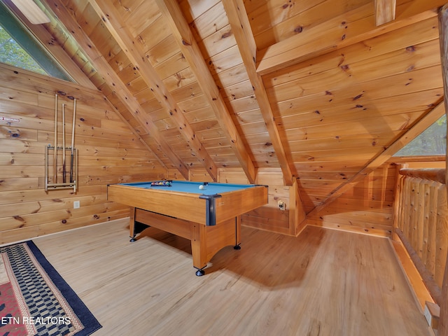 game room with wood ceiling, light wood-type flooring, billiards table, and wood walls