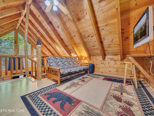 bedroom featuring wood ceiling, wood walls, and wood finished floors