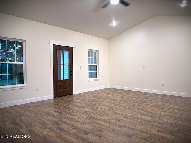 1146 Moodyville Loop, Byrdstown, TN 38549 - foyer with a ceiling fan, lofted ceiling, and dark wood-style floors