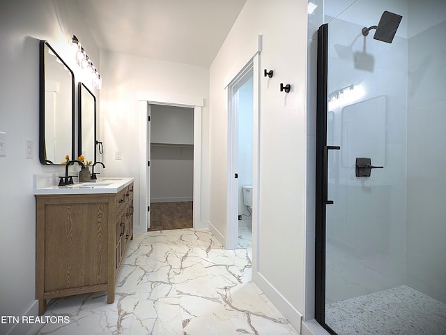 1146 Moodyville Loop, Byrdstown, TN 38549 - bathroom featuring marble look tiles, a stall shower, double vanity, and a spacious closet