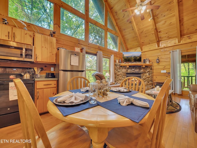dining area with wooden ceiling with exposed beams, light wood finished floors, wooden walls, high vaulted ceiling, and ceiling fan