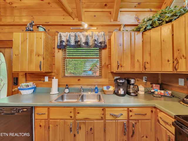 kitchen with black dishwasher, a sink, light countertops, wooden walls, and wood ceiling with exposed beams