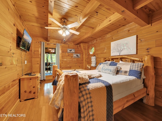 bedroom with wooden ceiling with exposed beams, wooden walls, wood-type flooring, and access to outside