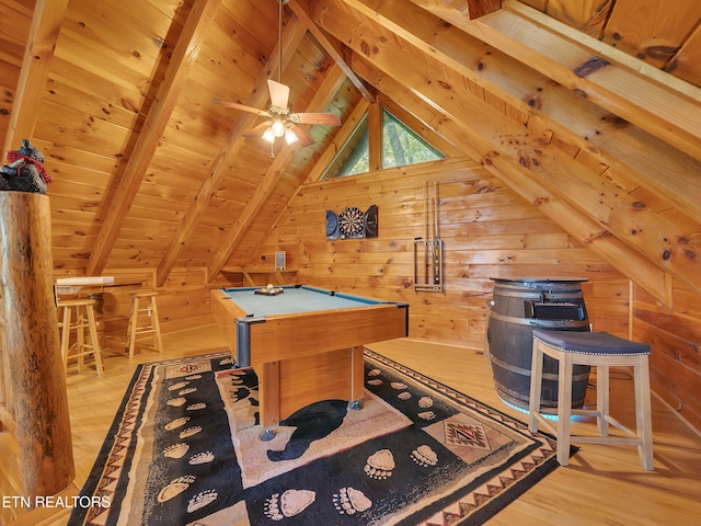 rec room featuring wood ceiling, wood walls, light wood-type flooring, billiards, and ceiling fan