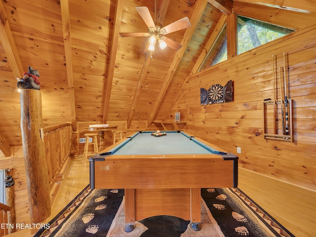 rec room with hardwood / wood-style floors, wooden ceiling, wood walls, billiards table, and ceiling fan