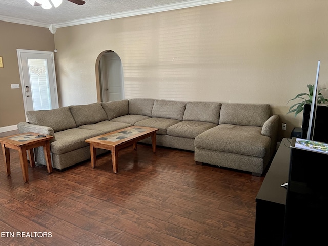 1018 Southwind Cir, Dandridge, TN 37725 - living room featuring arched walkways, crown molding, dark wood finished floors, and a ceiling fan
