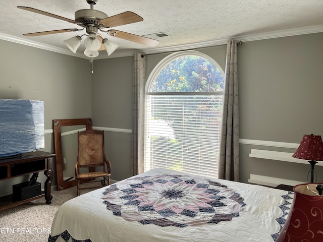 1018 Southwind Cir, Dandridge, TN 37725 - bedroom with crown molding, a textured ceiling, carpet flooring, and ceiling fan