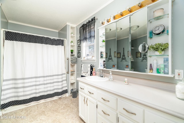 410 Railey Ln, Huntsville, TN 37756 - bathroom with ornamental molding, vanity, tile patterned floors, and a shower with shower curtain